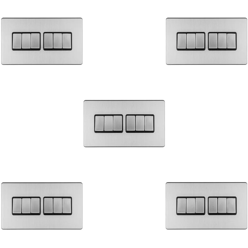 5 PACK 6 Gang Multi Light Switch SCREWLESS SATIN STEEL 2 Way 10A Slim Rocker