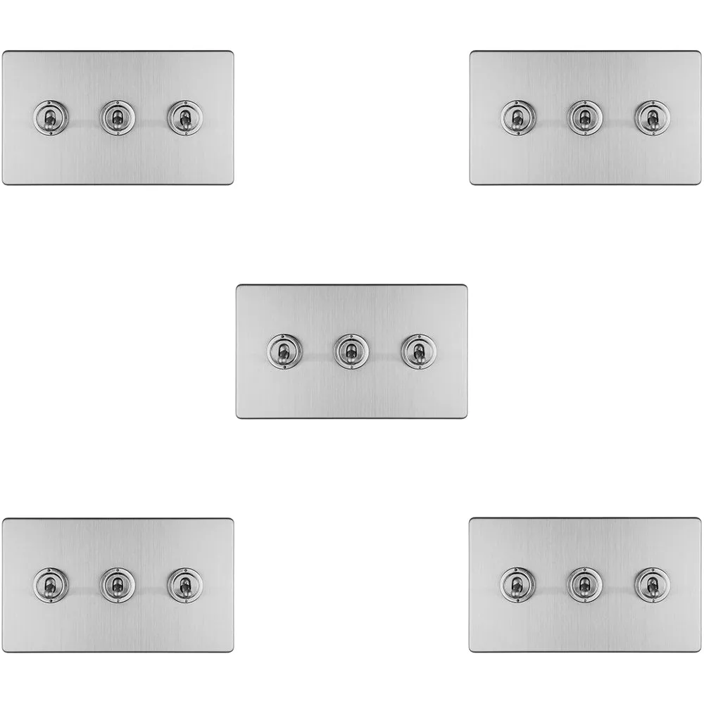 5 PACK 3 Gang Triple Retro Toggle Light Switch SCREWLESS SATIN STEEL 10A 2 Way