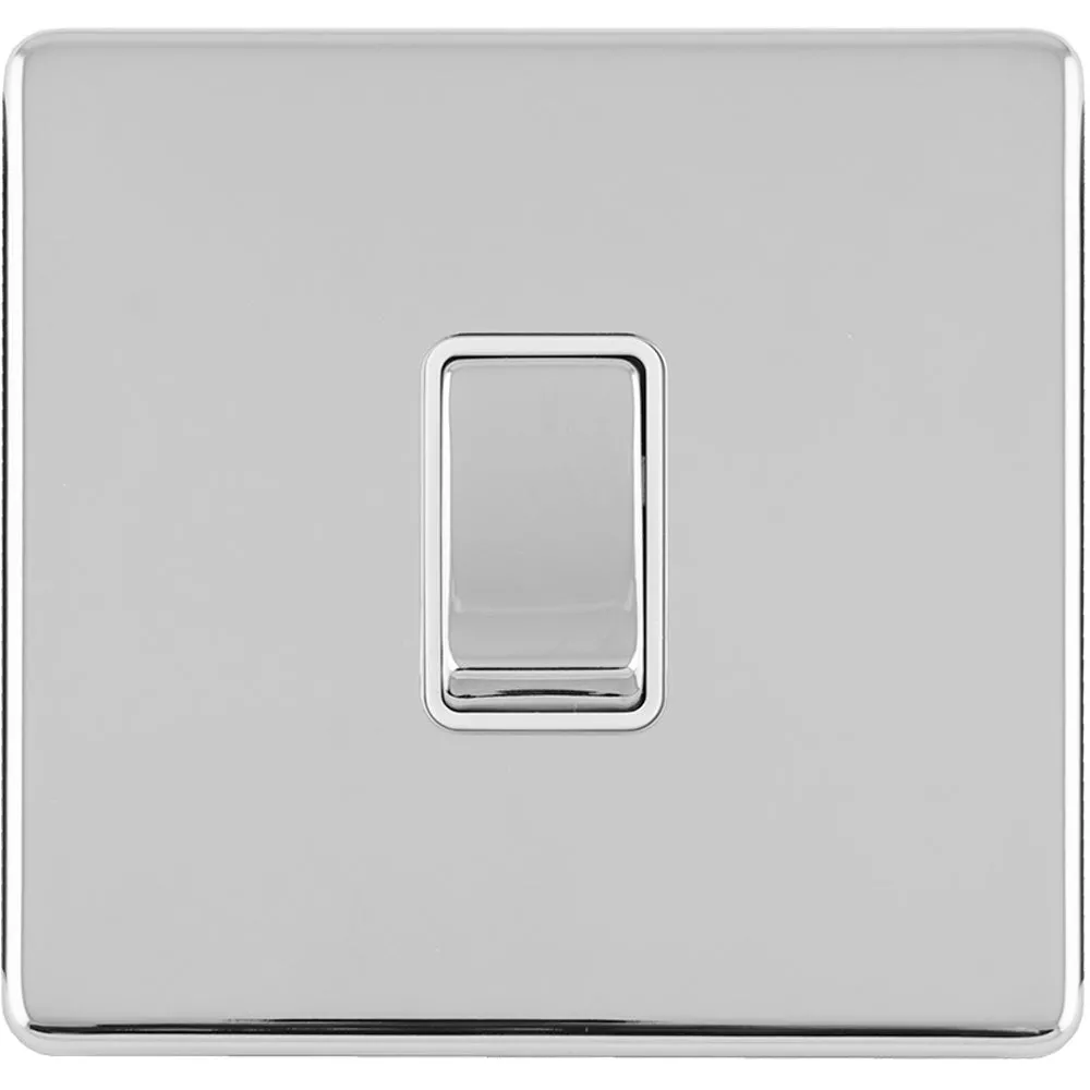 1 Gang Single Light Switch SCREWLESS POLISHED CHROME 2 Way 10A Metal Rocker Slim