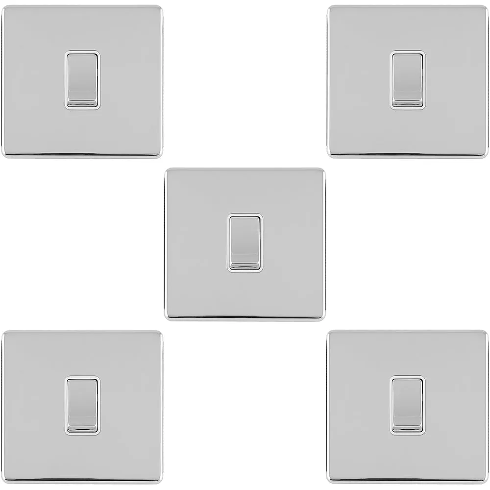 5 PACK 1 Gang Single Light Switch SCREWLESS POLISHED CHROME 2 Way 10A Rocker