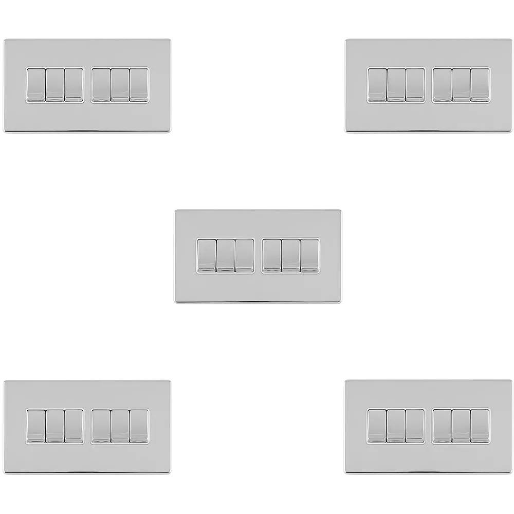 5 PACK 6 Gang Multi Light Switch SCREWLESS POLISHED CHROME 2 Way 10A Rocker