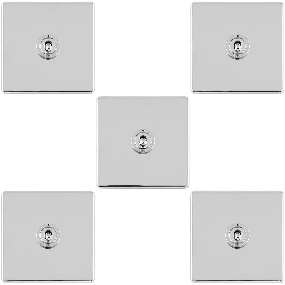 5 PACK 1 Gang Single Retro Toggle Light Switch SCREWLESS CHROME 10A 2 Way Plate