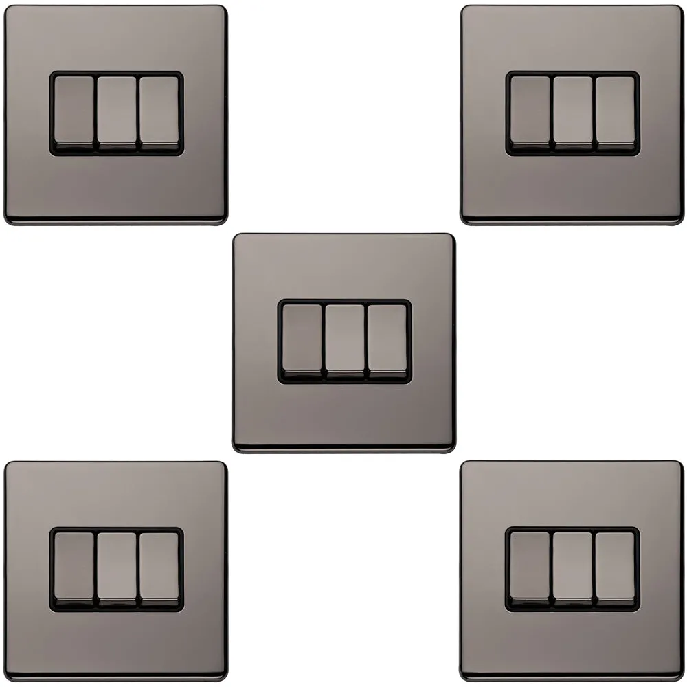 5 PACK 3 Gang Triple Light Switch SCREWLESS BLACK NICKEL 2 Way 10A Slim Rocker