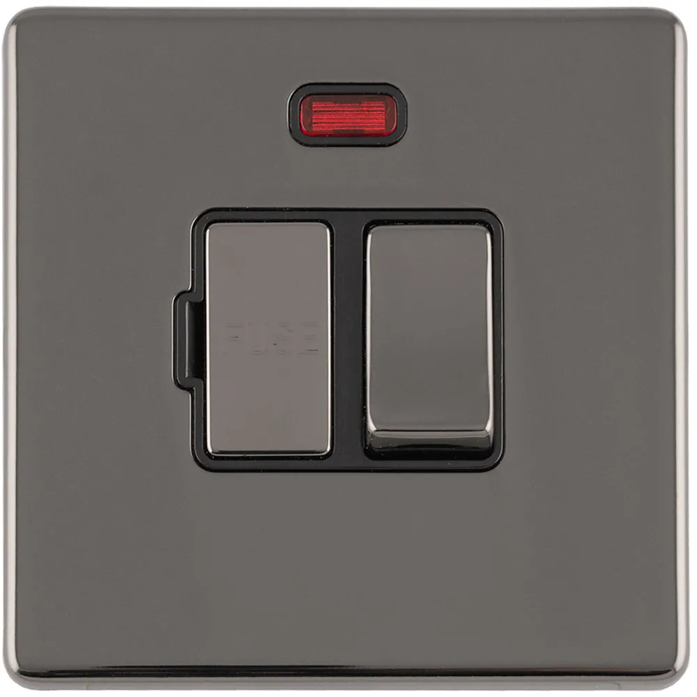 1 Gang 13A Switched Fuse Spur Neon SCREWLESS BLACK NICKEL Rocker Mains Isolation