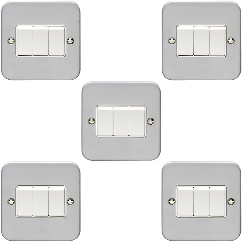 5 PACK 3 Gang Triple Light Switch 2 Way 10A HEAVY DUTY METAL CLAD - White Rocker