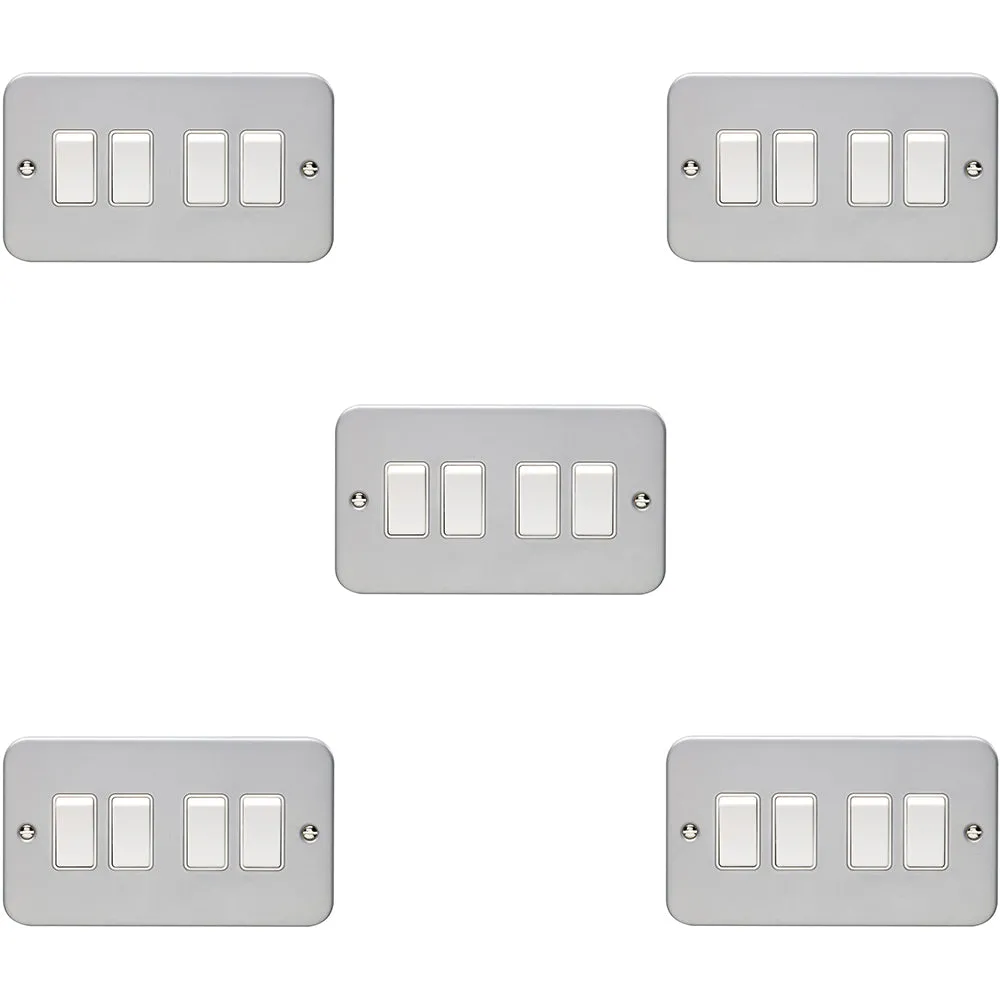 5 PACK 4 Gang Quad Light Switch 2 Way 10A HEAVY DUTY METAL CLAD - White Rocker