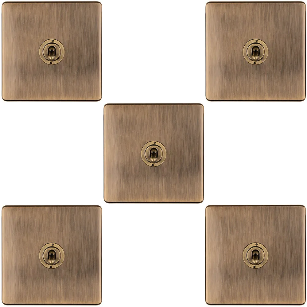 5 PACK 1 Gang Single Retro Toggle Light Switch SCREWLESS ANTIQUE BRASS 10A 2 Way