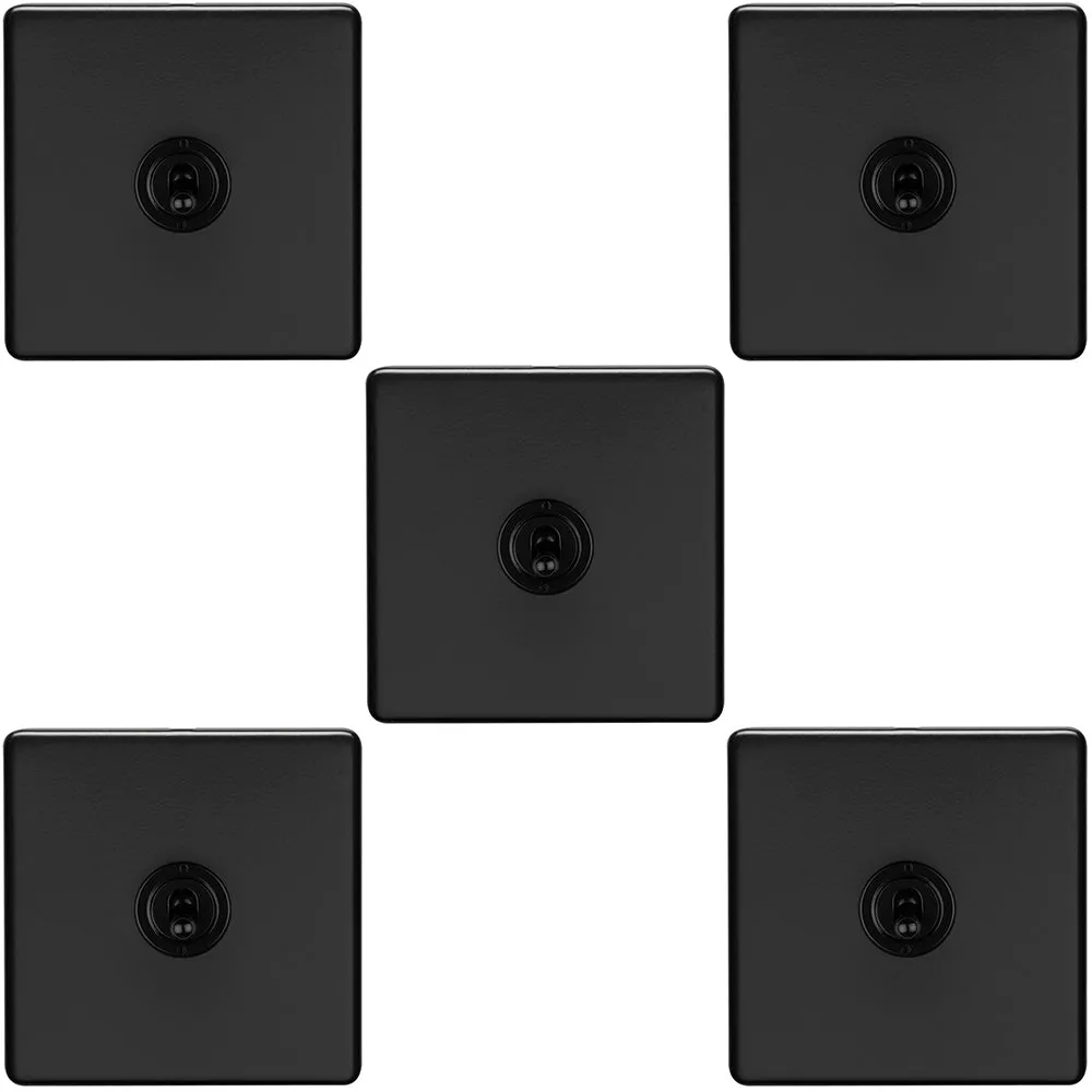 5 PACK 1 Gang Single Retro Toggle Light Switch SCREWLESS MATT BLACK 10A 2 Way